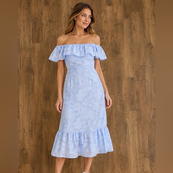 Koko Mason Dresses & Skirts - Koko + Mason Off Shoulder Blue Floral Midi Dress Women Medium M‎ NWT